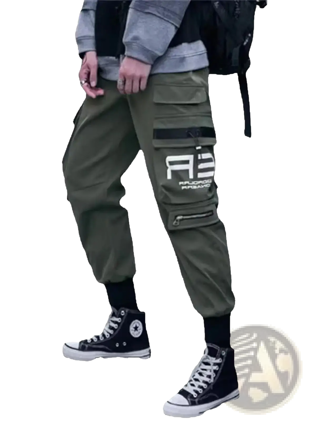 Olive green cargo joggers for men featuring multiple pockets and a bold white a3 logo on the thigh