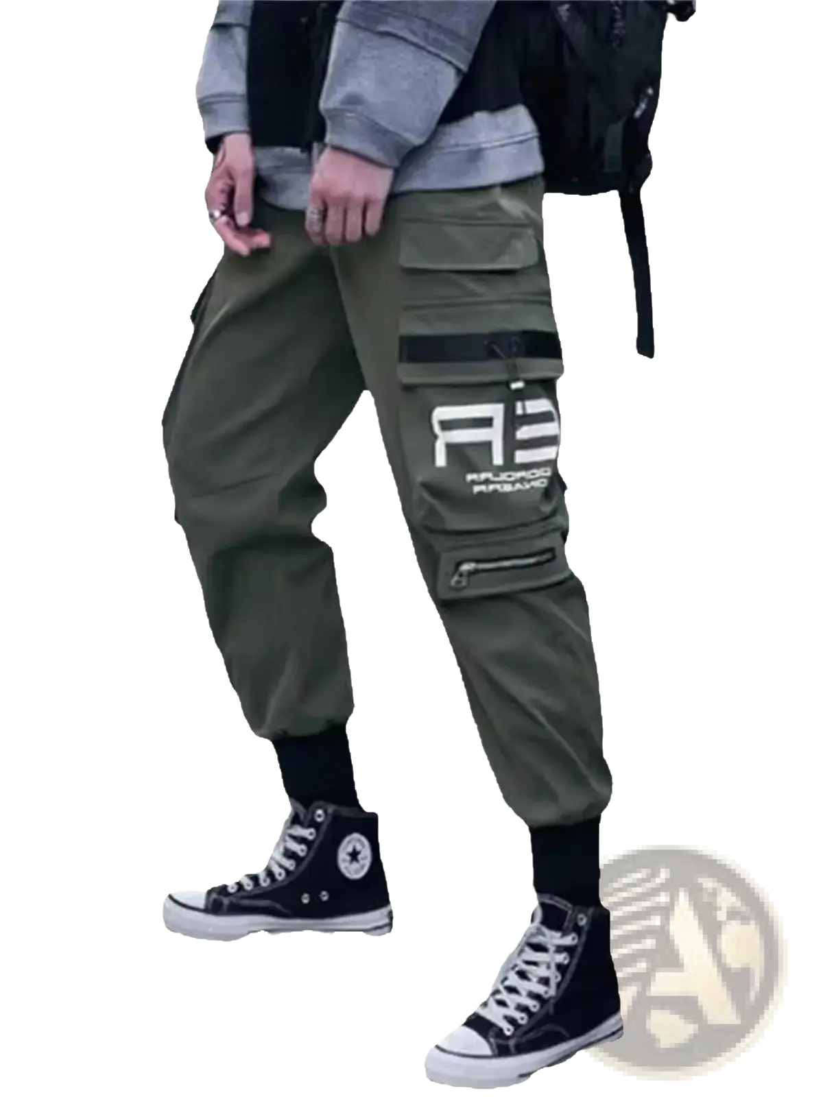 Olive green cargo joggers for men featuring multiple pockets and a bold white a3 logo on the thigh