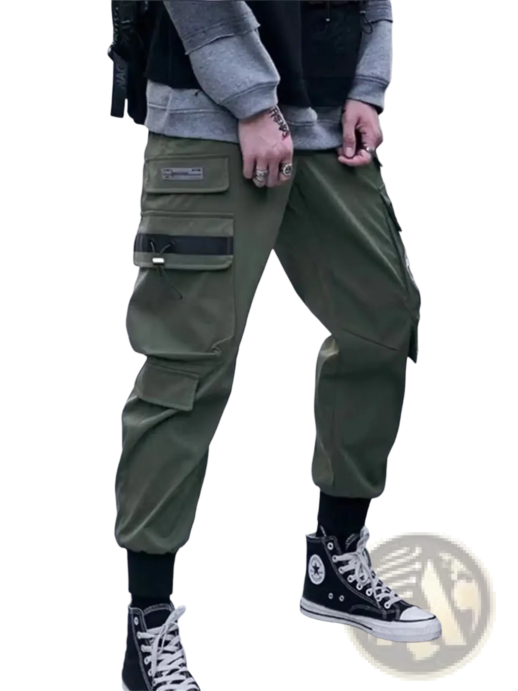 Olive green cargo joggers for men with multiple pockets and black trim accents perfect for streetwear use
