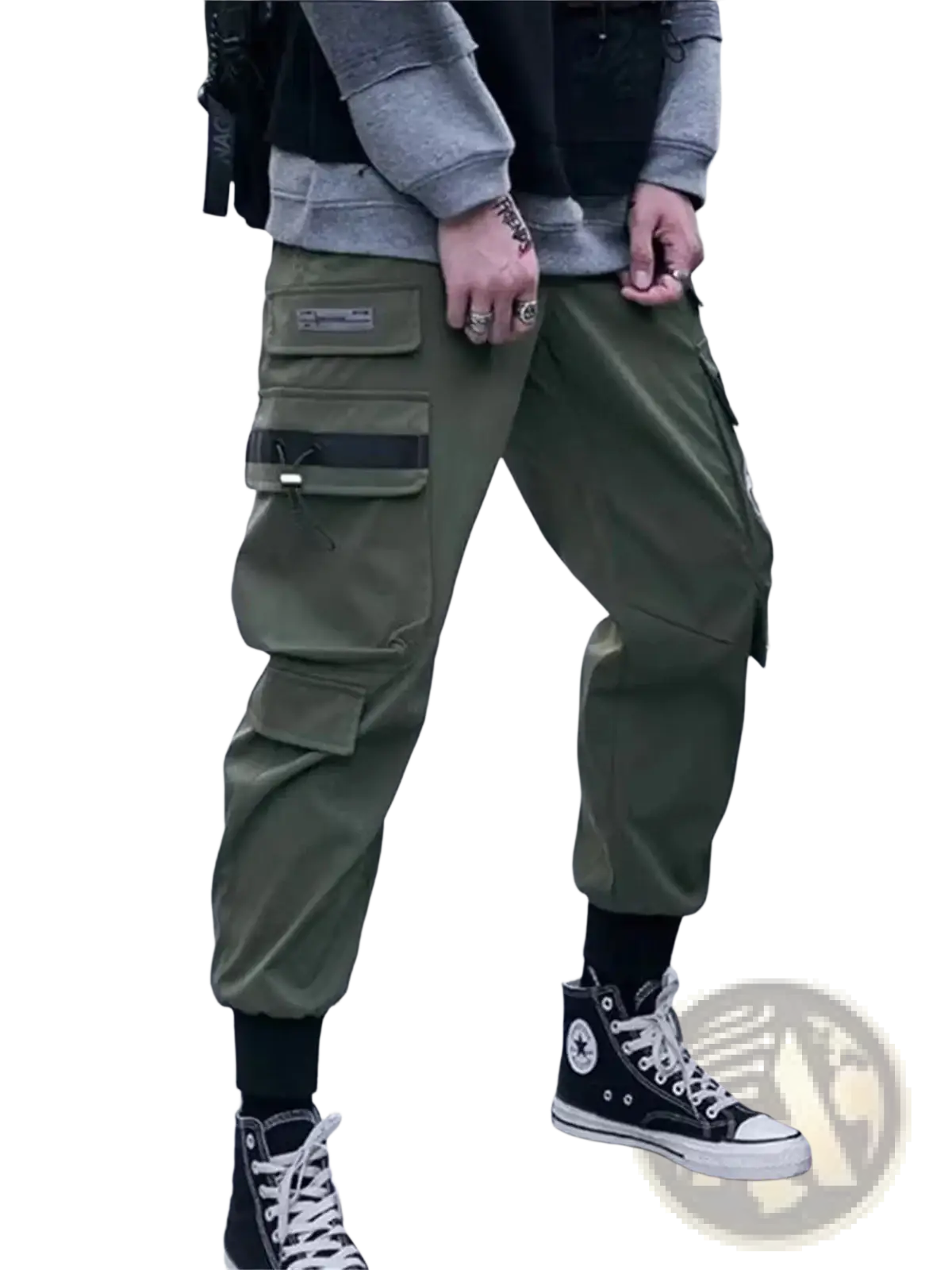 Olive green cargo joggers for men with multiple pockets and black trim accents perfect for streetwear use