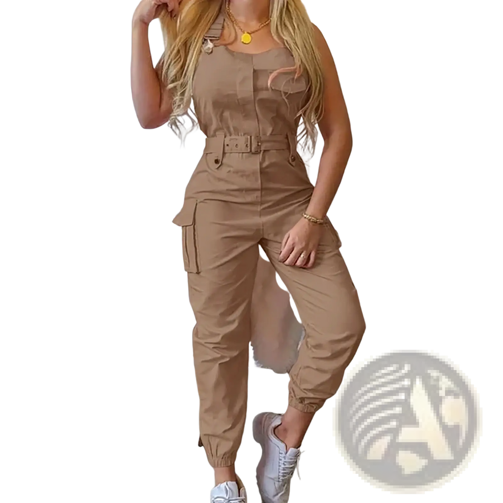 Beige cargo jumpsuit with belted waist and multiple pockets designed as a loose casual romper