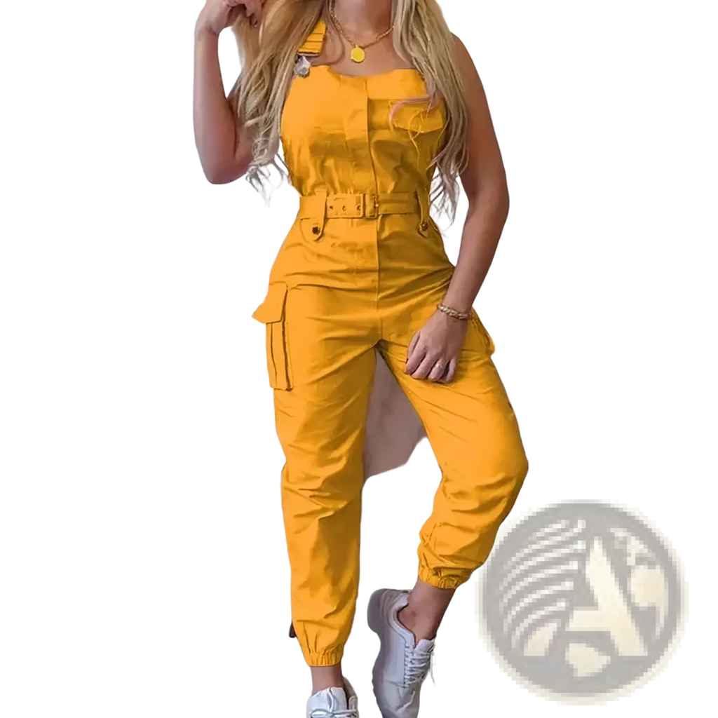 Bright yellow sleeveless cargo jumpsuit with belted waist and loose fit for casual wear