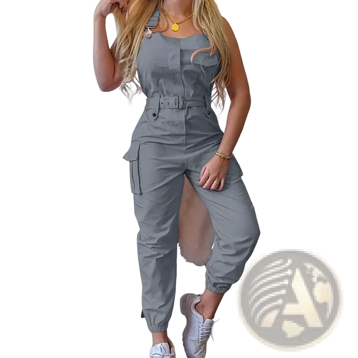 Gray cargo jumpsuit with belted waist, multiple pockets, and elastic cuffs designed as a loose casual romper