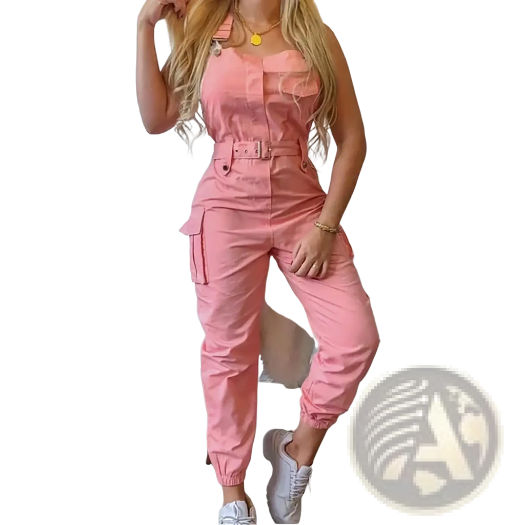 Pink cargo jumpsuit with belted waist and multiple pockets designed as a loose casual romper for everyday wear