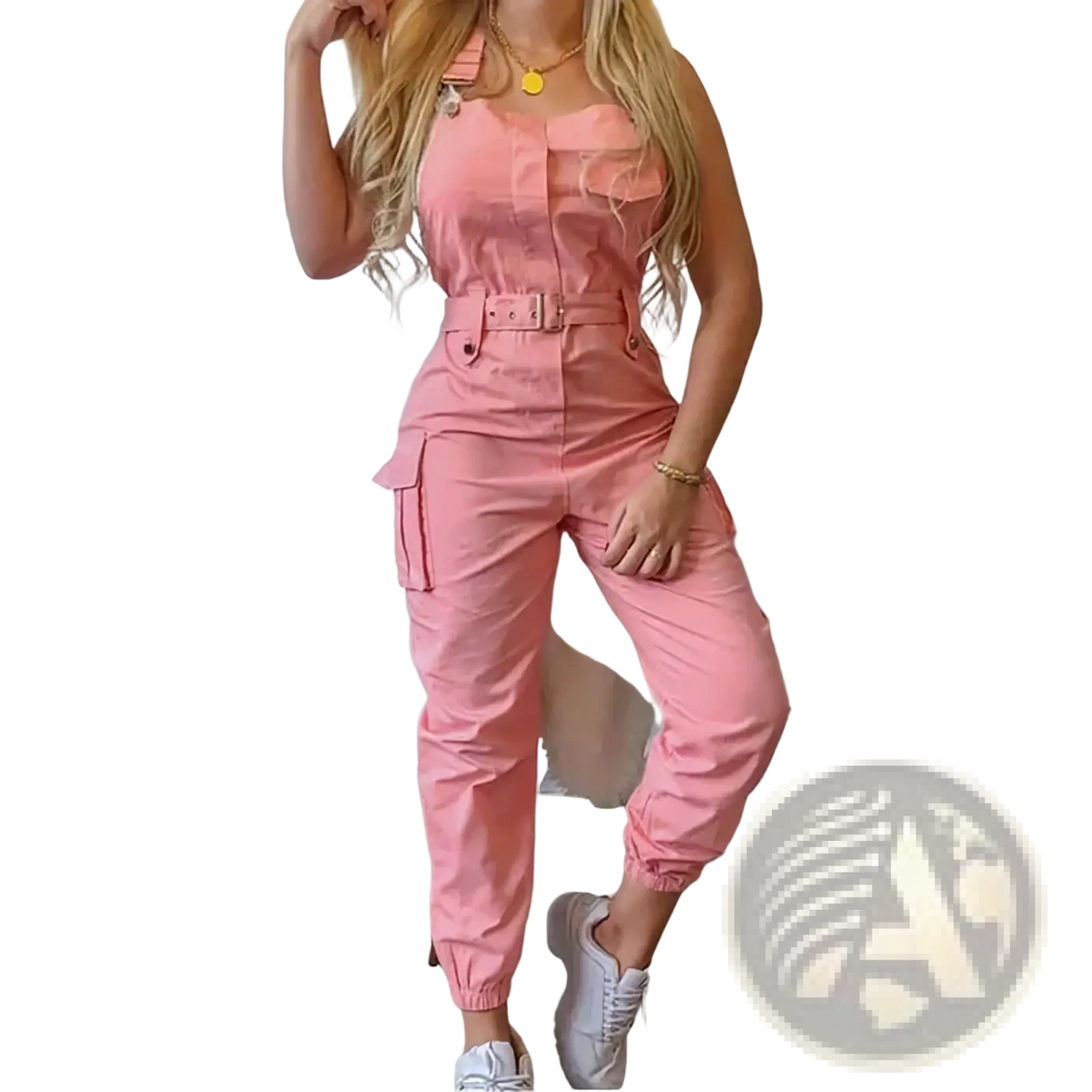 Pink cargo jumpsuit with belted waist and multiple pockets designed as a loose casual romper for everyday wear