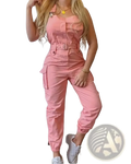 Pink cargo jumpsuit belted with multiple pockets designed as a loose casual romper for everyday wear