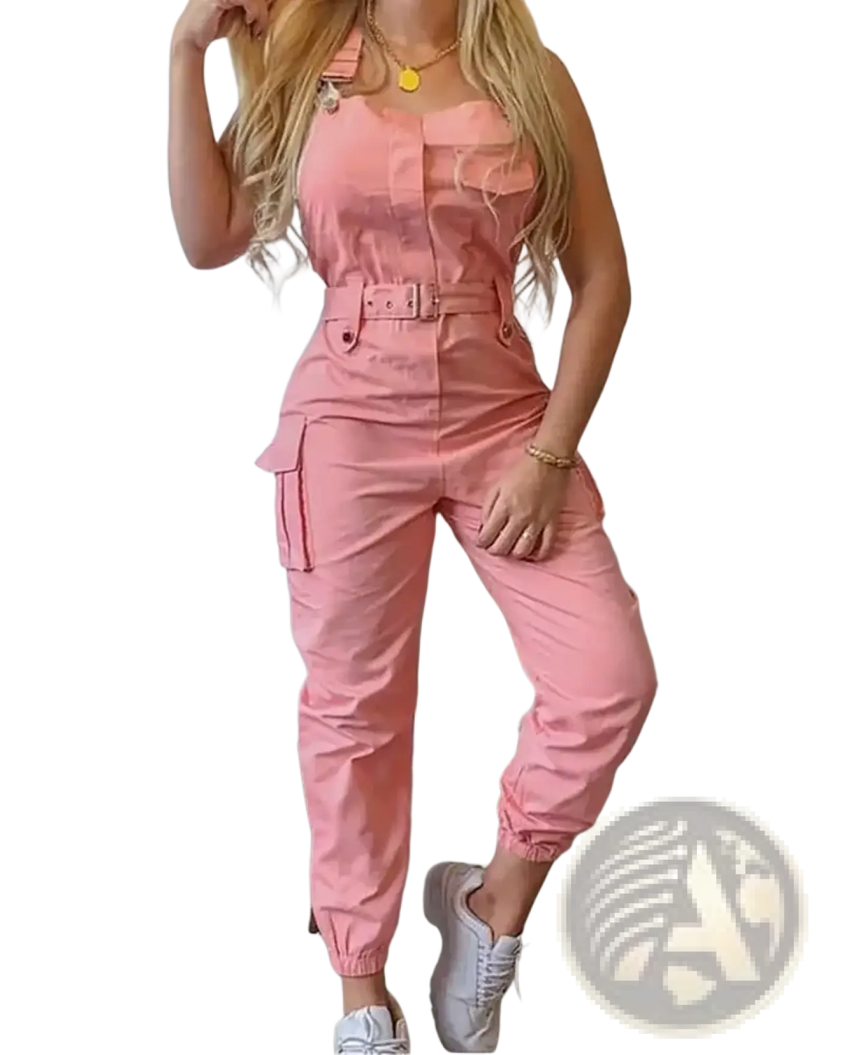 Pink cargo jumpsuit belted with multiple pockets designed as a loose casual romper for everyday wear
