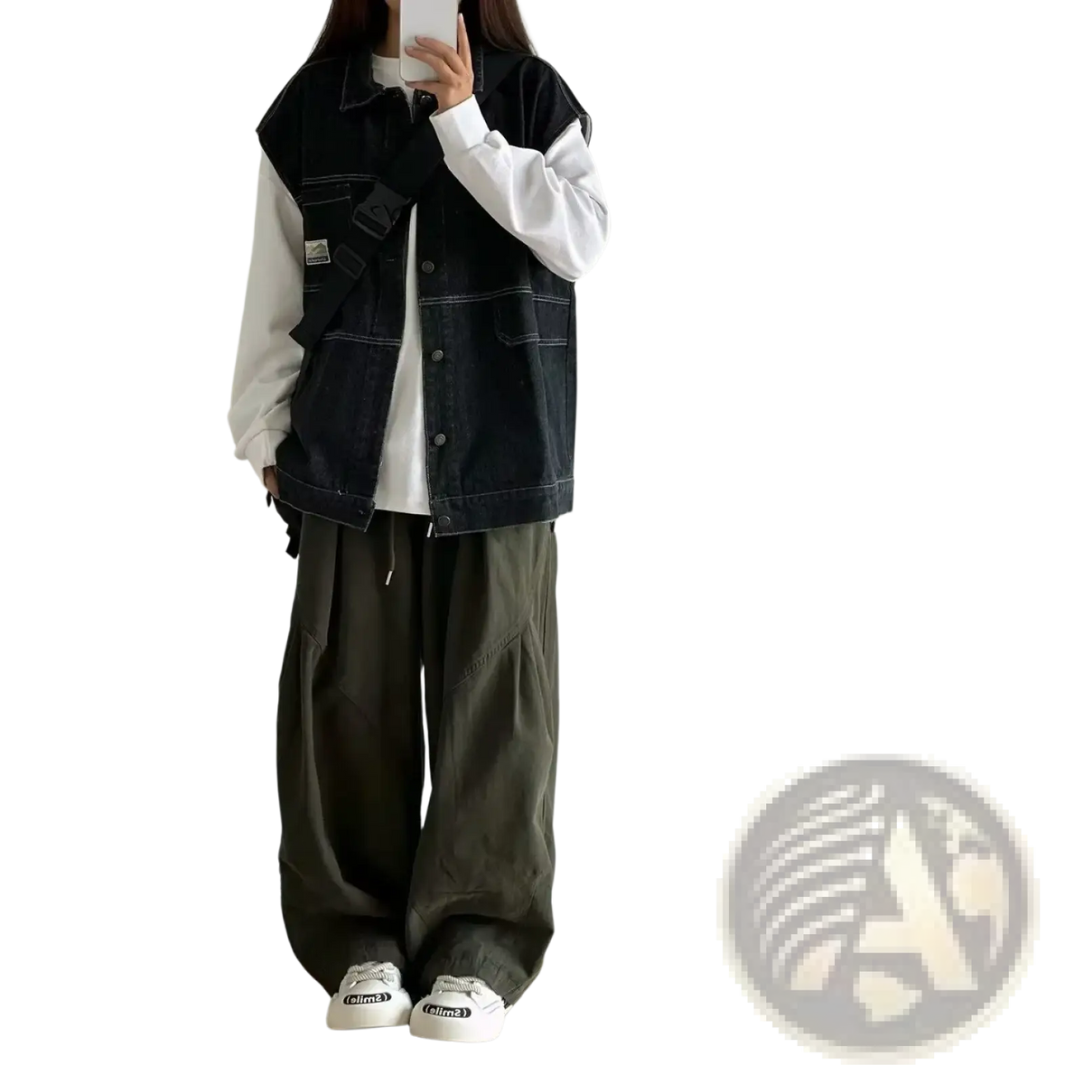 Black denim vest with multiple pockets worn over a white long-sleeved shirt paired with olive green twill cargo pants