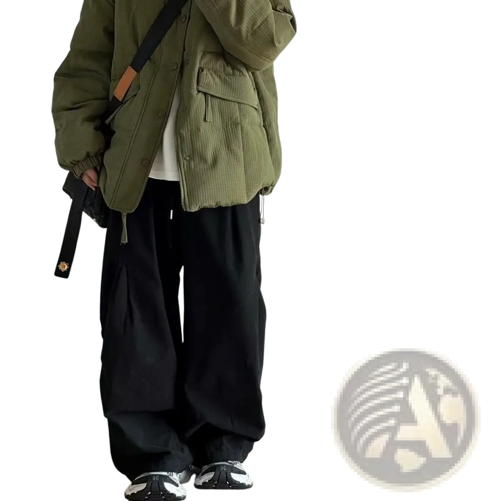 Olive green corduroy puffer jacket with black shoulder strap and tan leather accent paired with loose fit olive green twill cargo pants