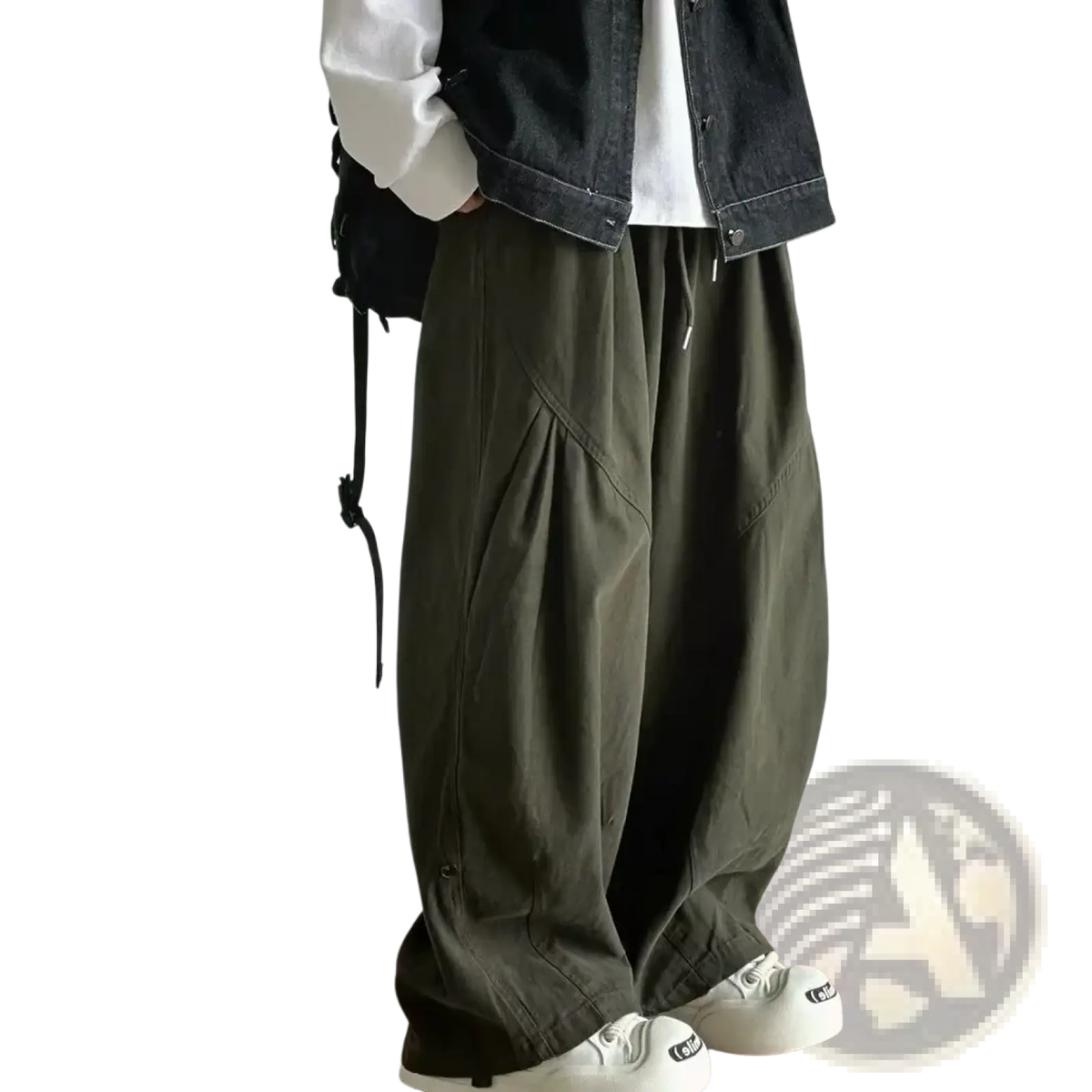 Olive green twill cargo pants for men with a loose fit wide-leg cut and multiple functional pockets