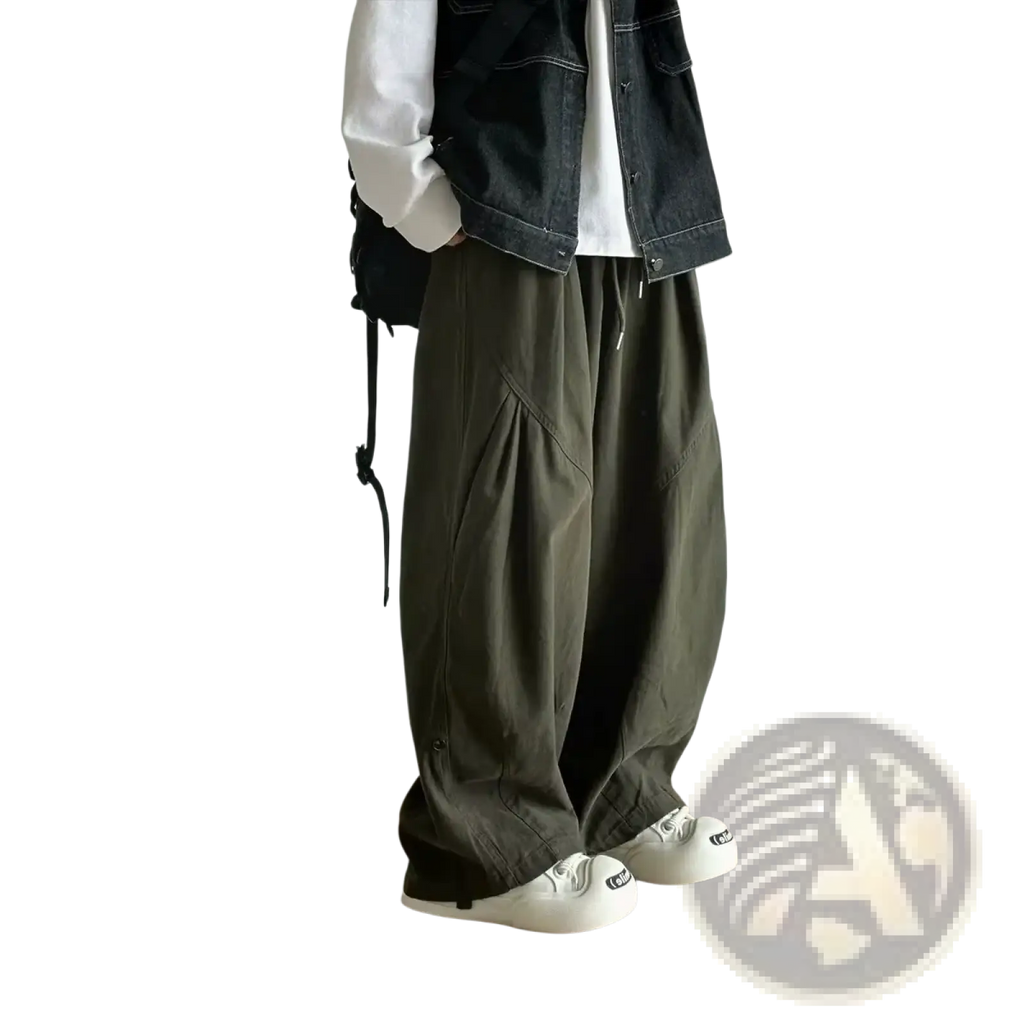 Olive green twill cargo pants for men with a loose fit and visible stitching details for casual wear