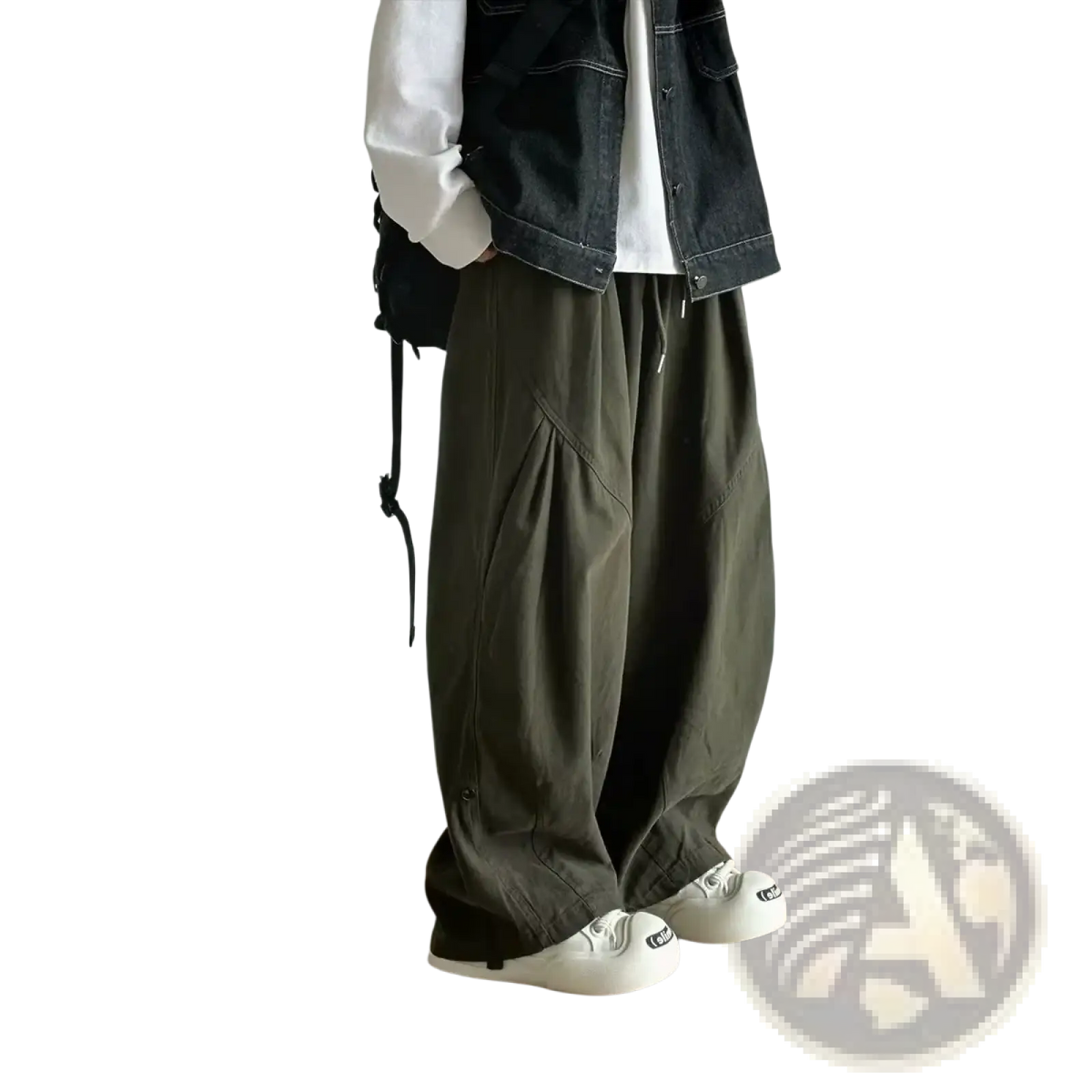 Olive green twill cargo pants for men with a loose fit and visible stitching details for casual wear