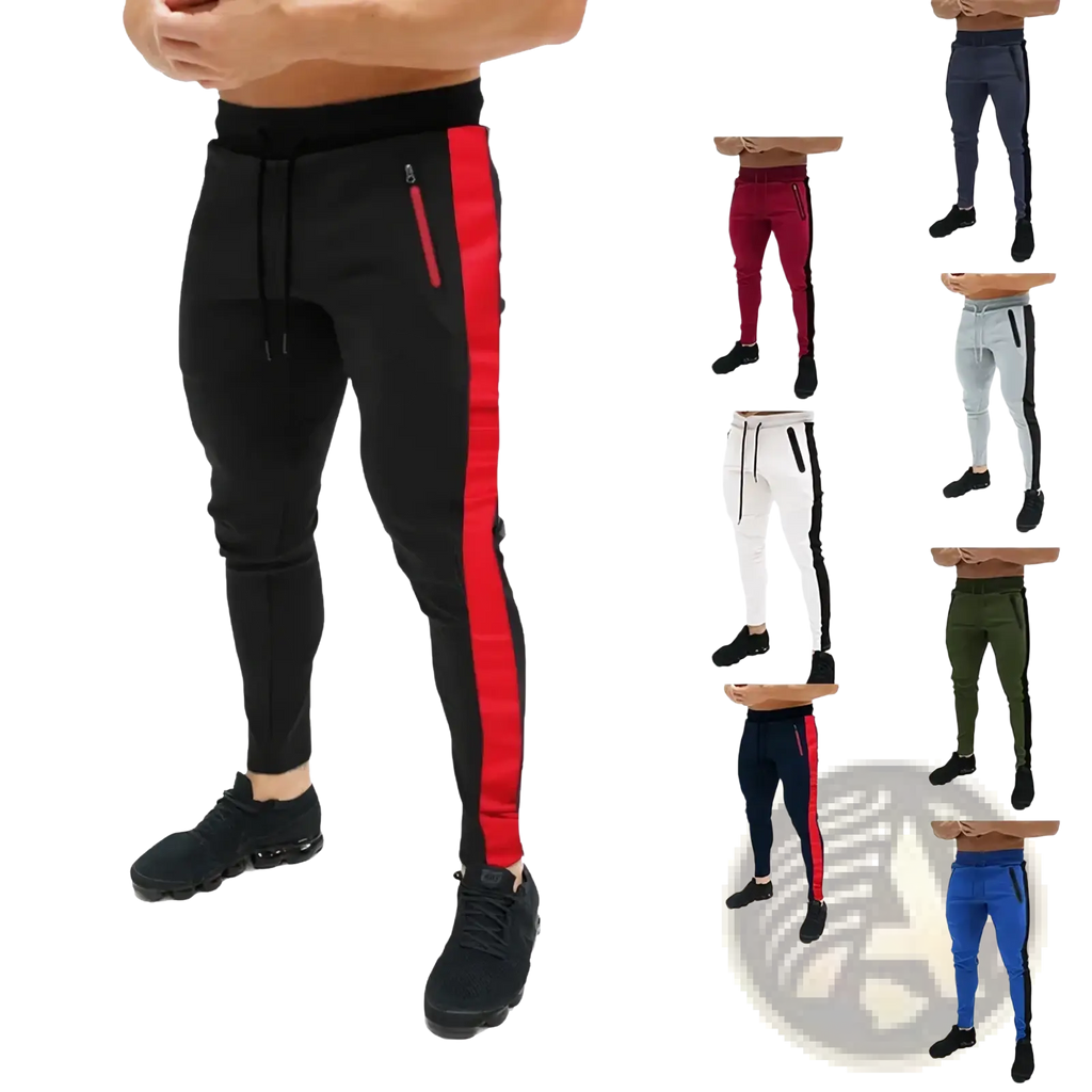 Black cargo pants men loose casual joggers with bold red vertical stripe drawstring waistband and zippered pockets