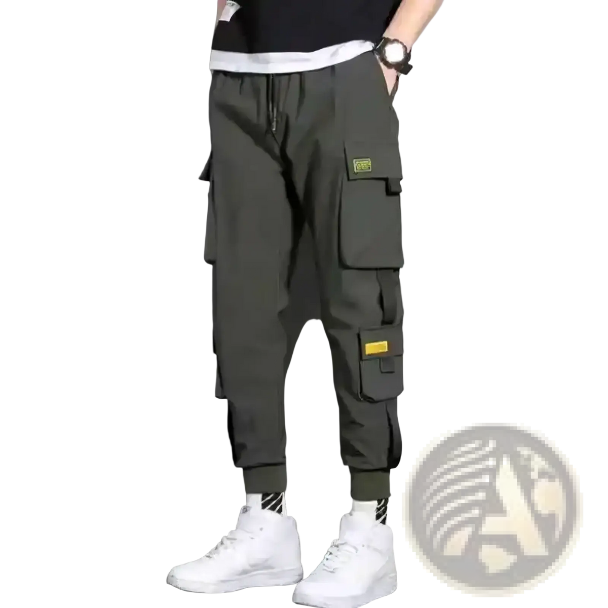 Dark olive green cargo pants men with multiple pockets yellow accent patches drawstring casual sweatpants front view