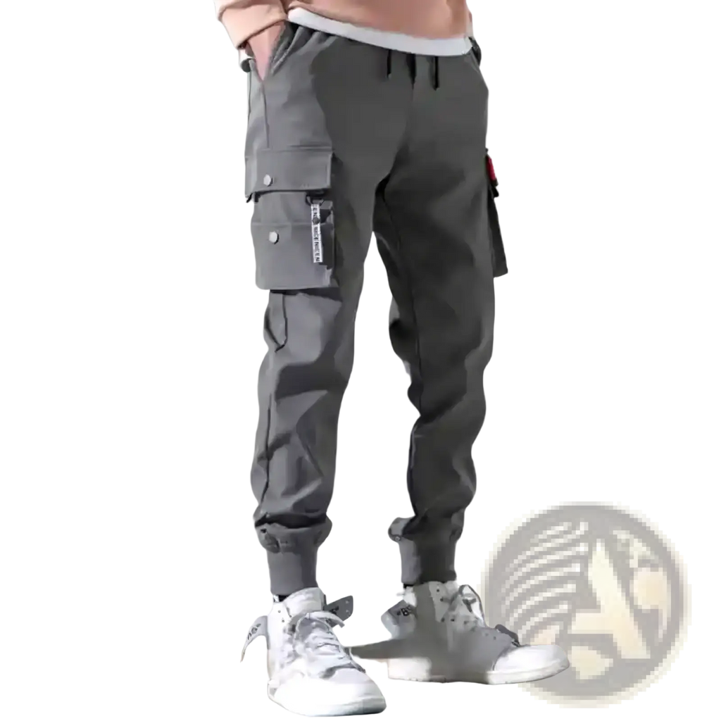 Gray cargo pants men with multiple pockets and drawstring waistband designed as casual sweatpants
