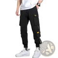 Black cargo pants for men with multiple pockets yellow accent patches and a drawstring waistband for casual wear