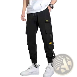 Black cargo pants for men with multiple pockets yellow accent patches and a drawstring waistband for casual wear