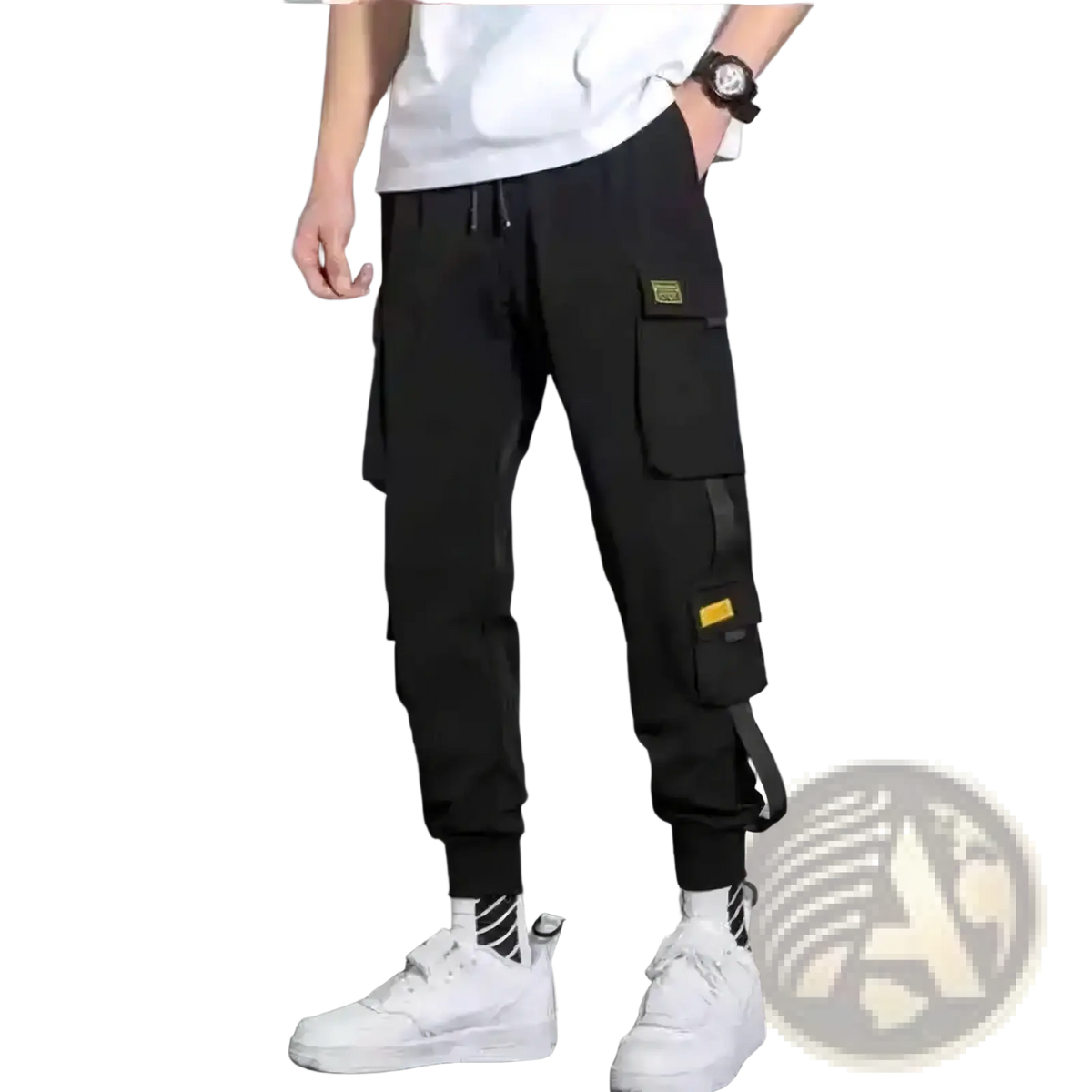 Black cargo pants for men with multiple pockets yellow accent patches and a drawstring waistband for casual wear