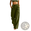Olive green high-waisted cargo pants for women with button closures side pockets elastic waist cotton casual design