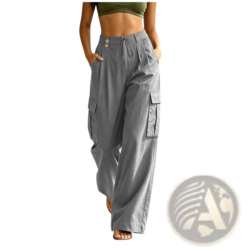 Gray cotton cargo pants for women with elastic waist relaxed fit and large side pockets for casual use