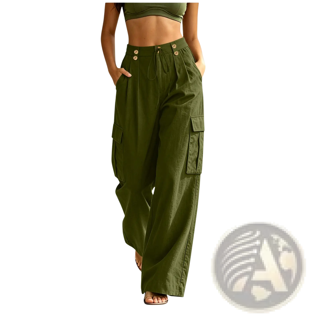 Olive green high-waisted cotton cargo pants for women with elastic waist button closures and multiple side pockets