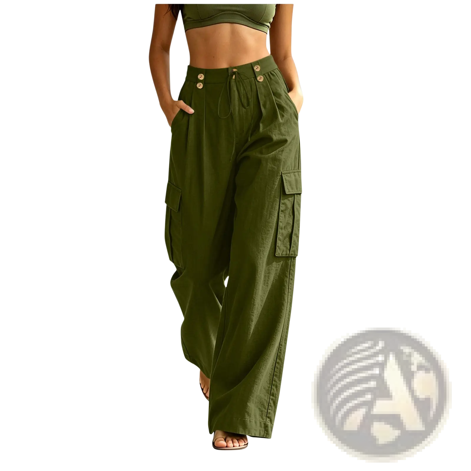 Olive green high-waisted cotton cargo pants for women with elastic waist button closures and multiple side pockets