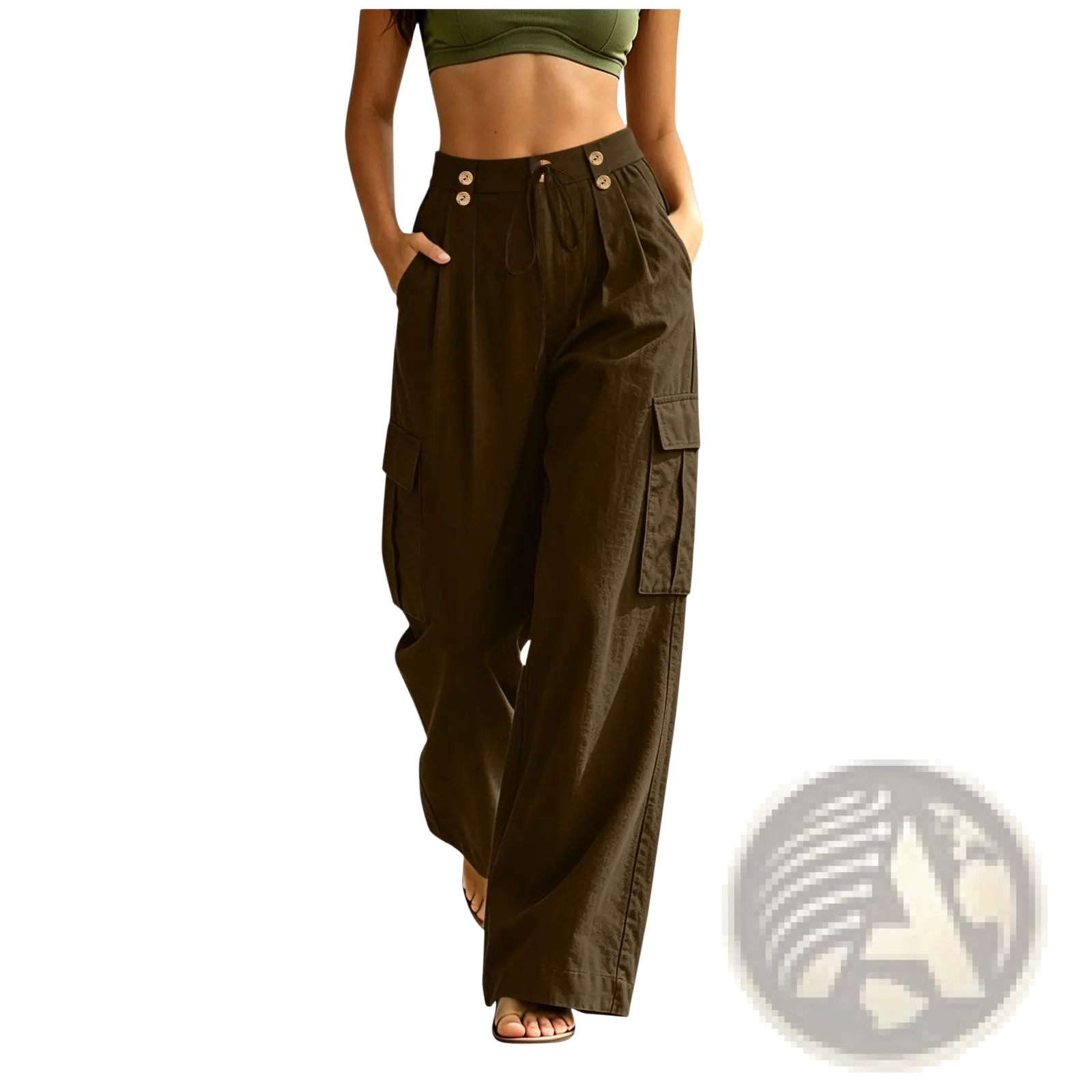 Olive green high-waisted cotton cargo pants for women with elastic waist button closures and multiple side pockets