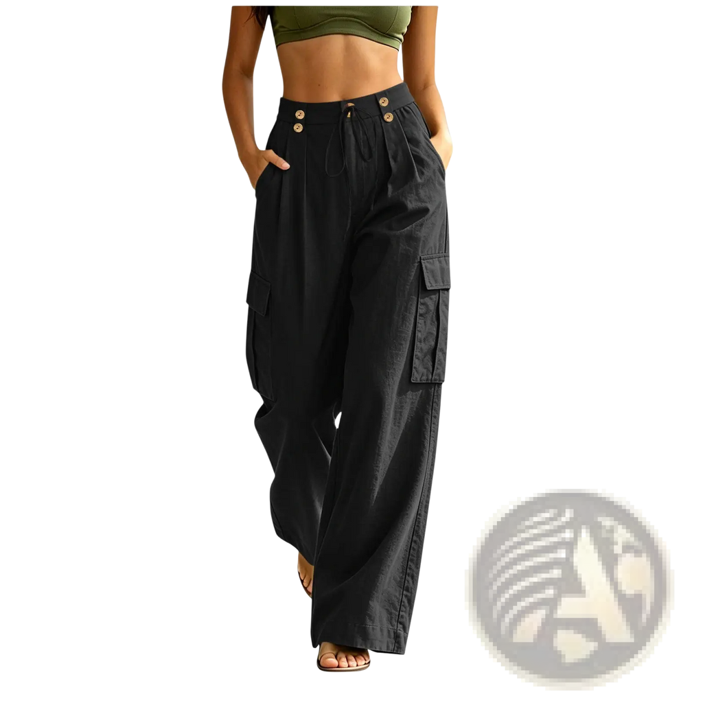 Black high-waisted cotton cargo pants for women with elastic waist gold-tone buttons and multiple casual pockets