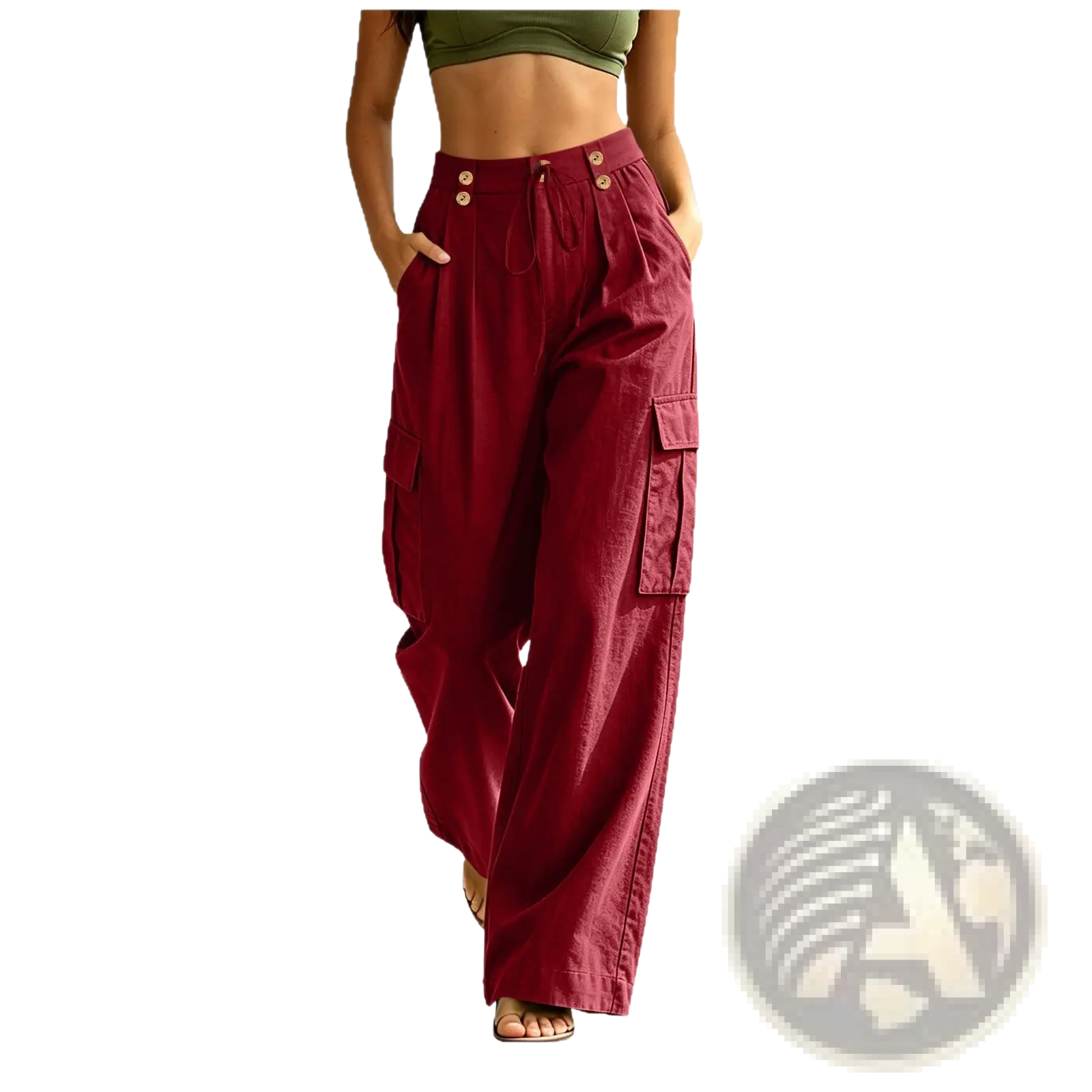 Maroon cargo pants for women with high waist, button closures, large side pockets, elastic waist, and cotton material