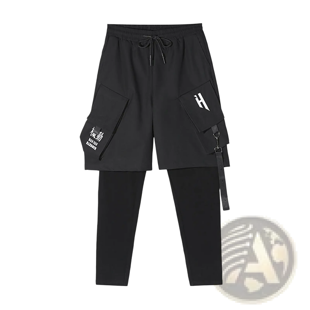 Black cargo-style two-piece pants with drawstring waist large white-lettered pockets and adjustable detachable straps