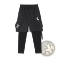 Black cargo-style two-piece pants with drawstring waist large white-lettered pockets and adjustable detachable straps