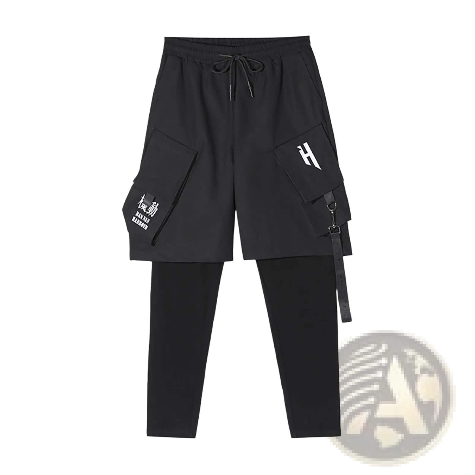 Black cargo-style two-piece pants with drawstring waist large white-lettered pockets and adjustable detachable straps