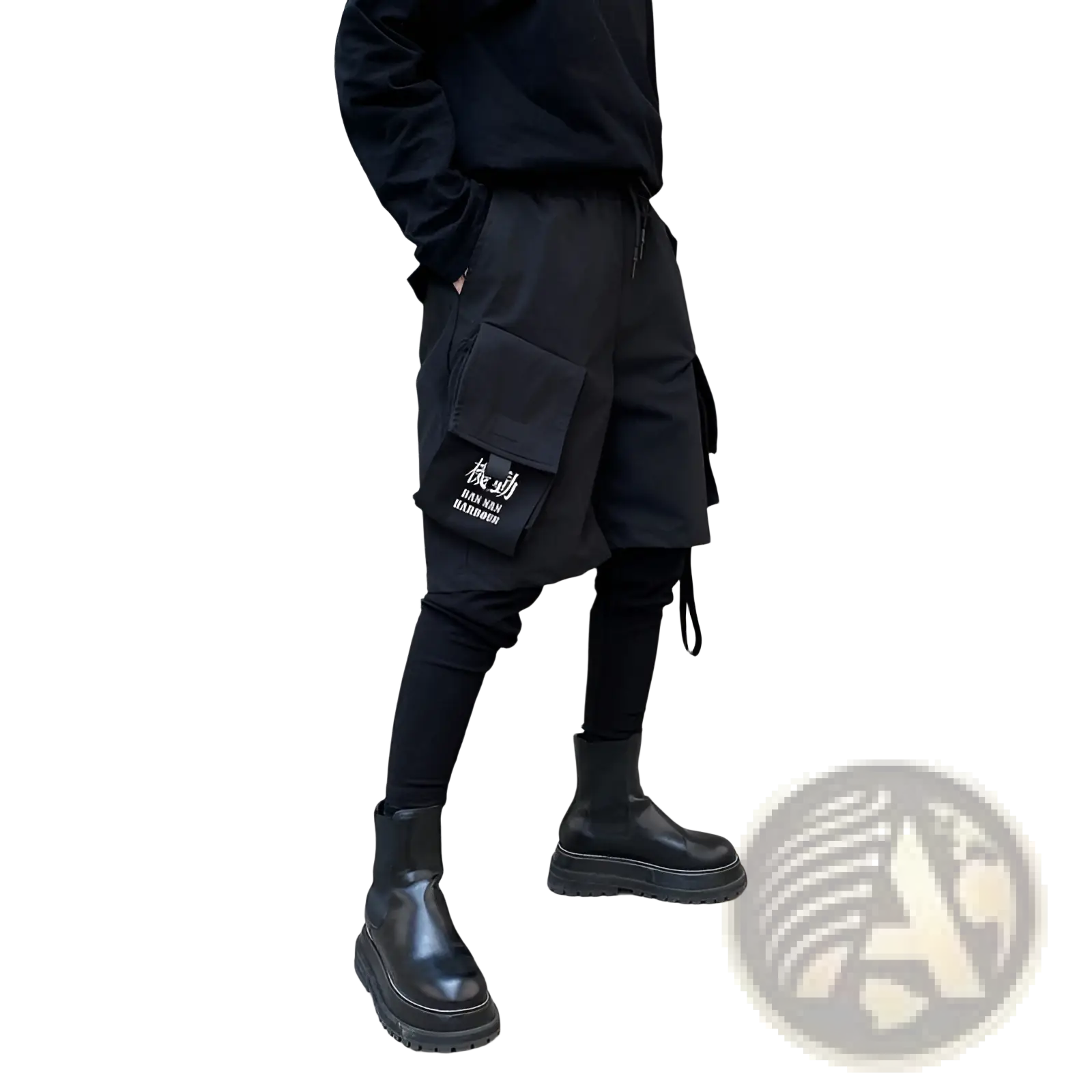 Black cargo shorts with a detachable strap and patch pocket featuring white embroidered text for hip hop style