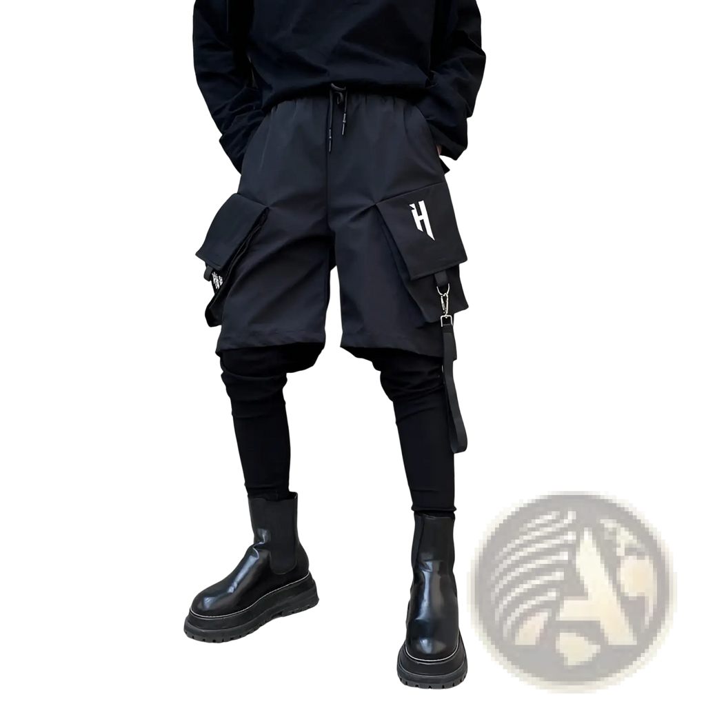 Black tactical cargo shorts with multiple pockets and a white logo on the thigh from cargo shorts detachable strap hip hop pants