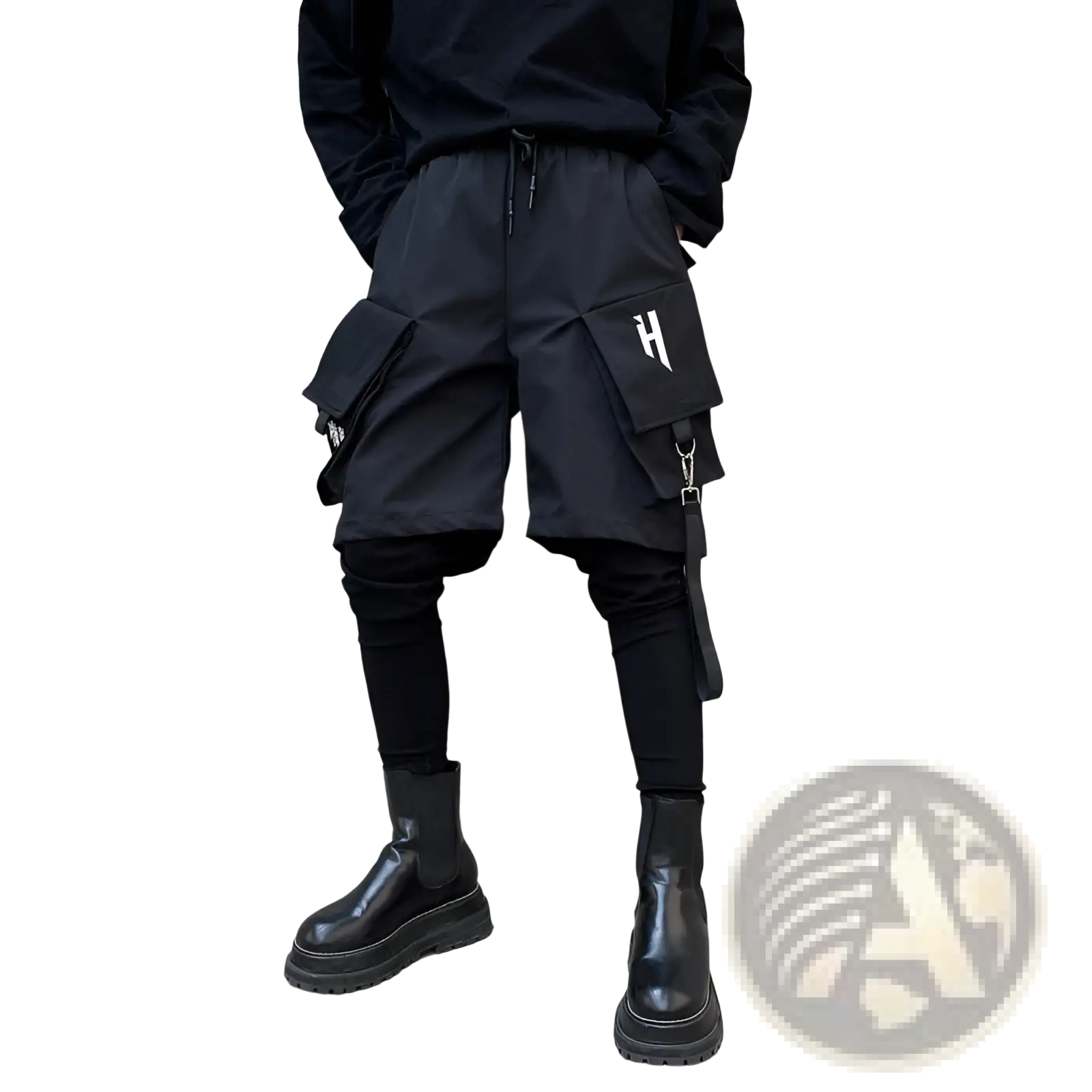 Black tactical cargo shorts with multiple pockets and a white logo on the thigh from cargo shorts detachable strap hip hop pants