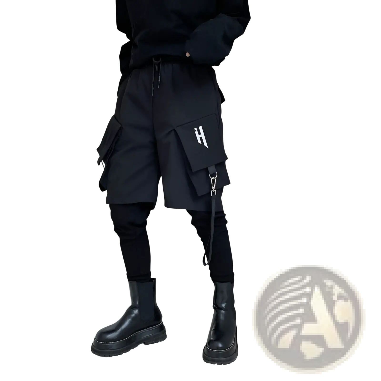 Black cargo shorts with multiple pockets and detachable strap featuring a white h logo on the thigh pocket