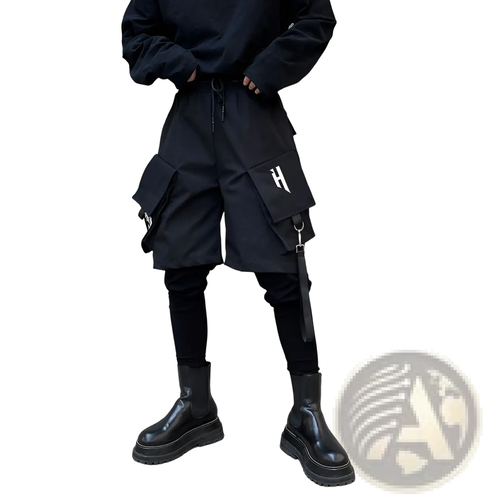 Black tactical cargo shorts with multiple pockets and a white h logo on the thigh for hip hop style and utility