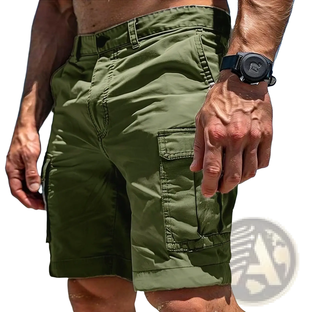 Olive green cargo shorts for men with multiple pockets, rolled cuffs, made of polyester for tactical outdoor hiking