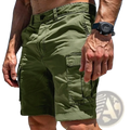 Olive green cargo shorts for men with multiple pockets, rolled cuffs, made of polyester for tactical outdoor hiking