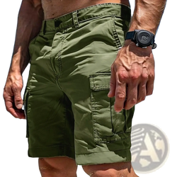 Olive green cargo shorts for men with multiple pockets, rolled cuffs, made of polyester for tactical outdoor hiking