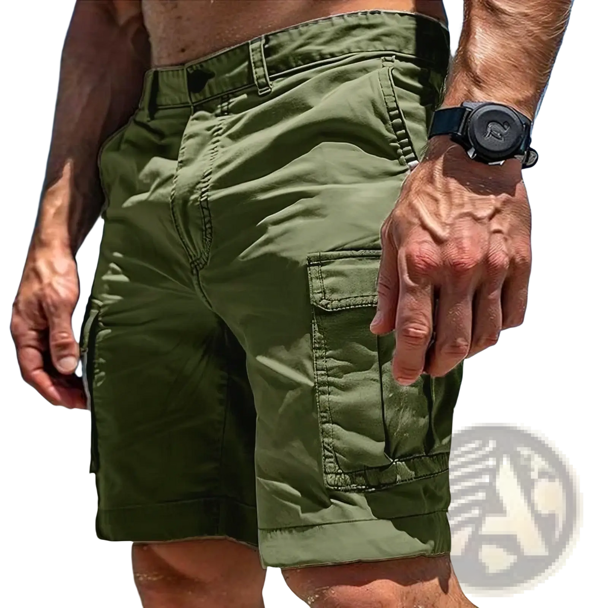 Olive green cargo shorts for men with multiple pockets, rolled cuffs, made of polyester for tactical outdoor hiking