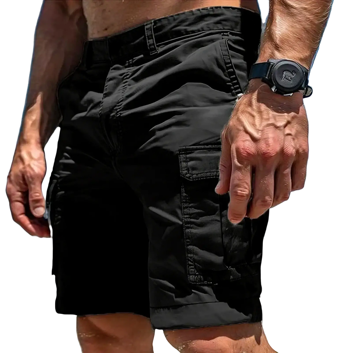 Black cargo shorts for men with multiple pockets and durable polyester fabric ideal for tactical outdoor hiking