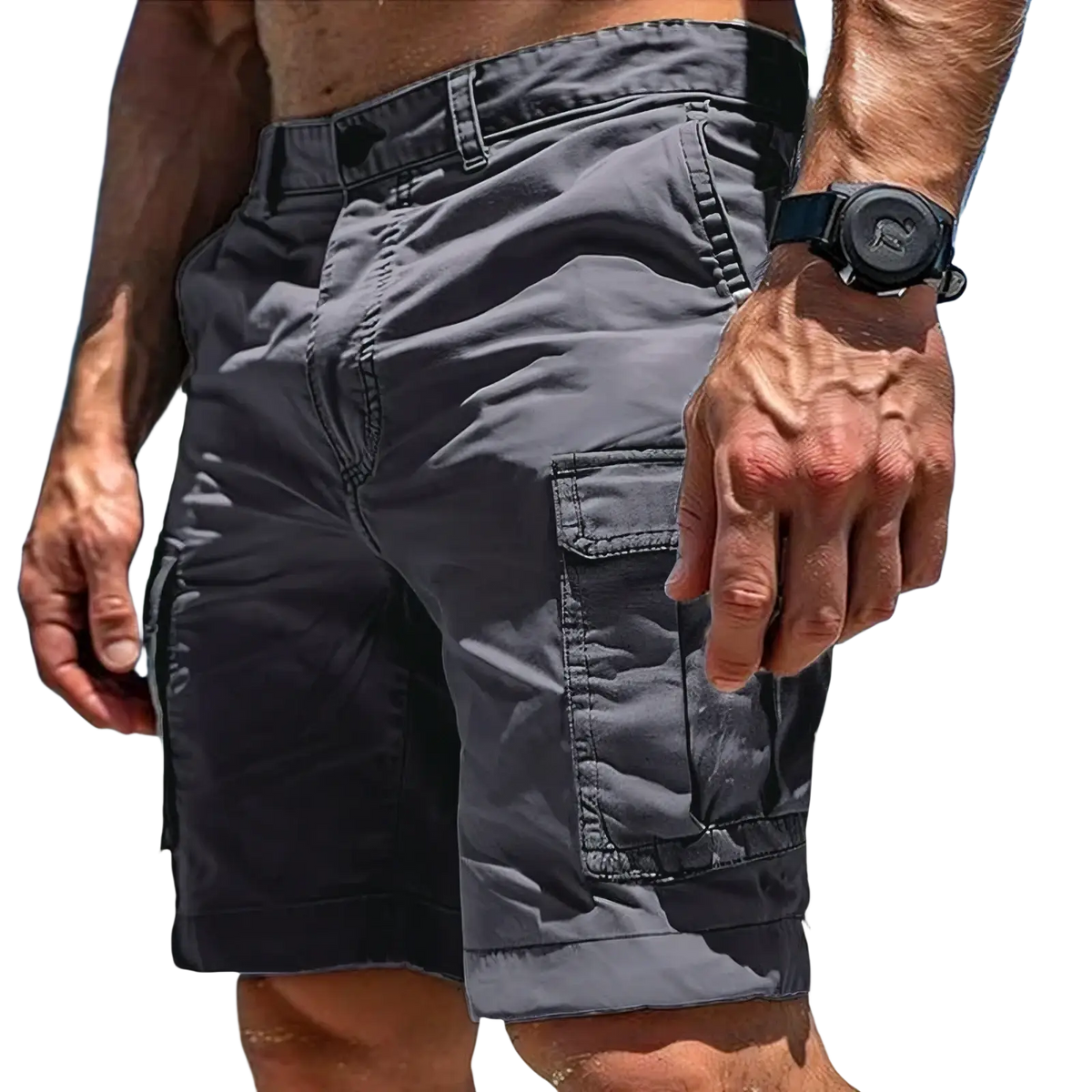 Dark gray polyester cargo shorts for men with multiple pockets and rolled-up hem for tactical outdoor hiking