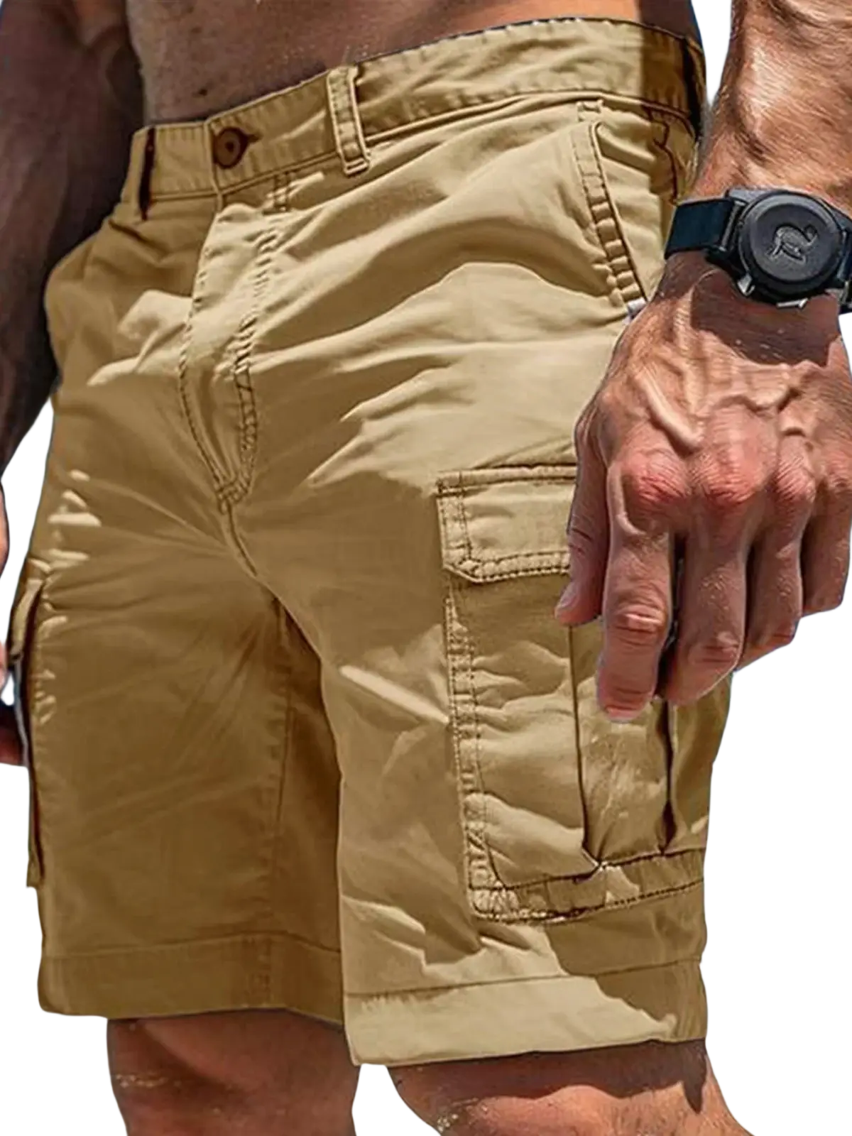 Khaki cargo shorts for men with multiple pockets button closure made of polyester for tactical outdoor hiking use