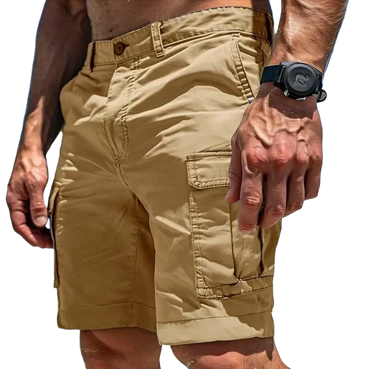 Khaki polyester cargo shorts for men with multiple pockets designed for tactical outdoor hiking durability