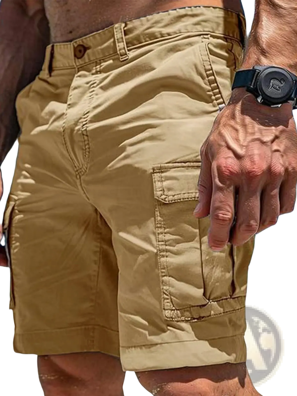 Khaki cargo shorts for men with multiple pockets button closure made of polyester for tactical outdoor hiking use