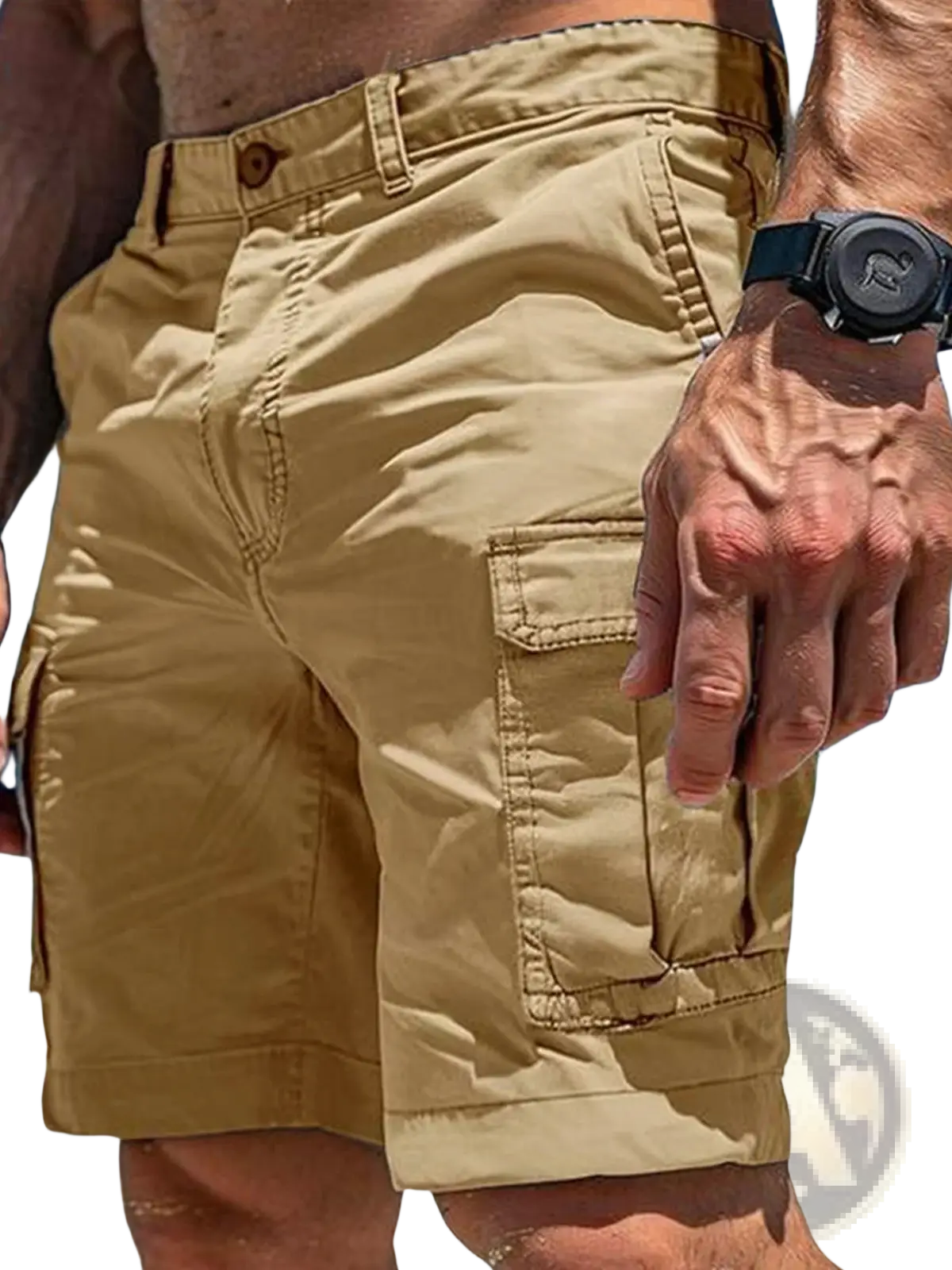 Khaki cargo shorts for men with multiple pockets button closure made of polyester for tactical outdoor hiking use