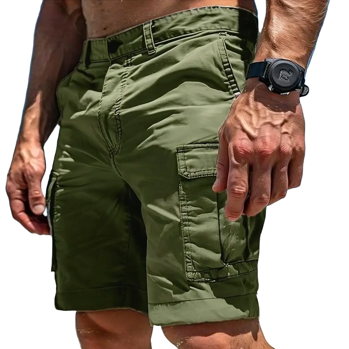Olive green polyester cargo shorts for men with multiple pockets and rolled hem for tactical outdoor hiking use