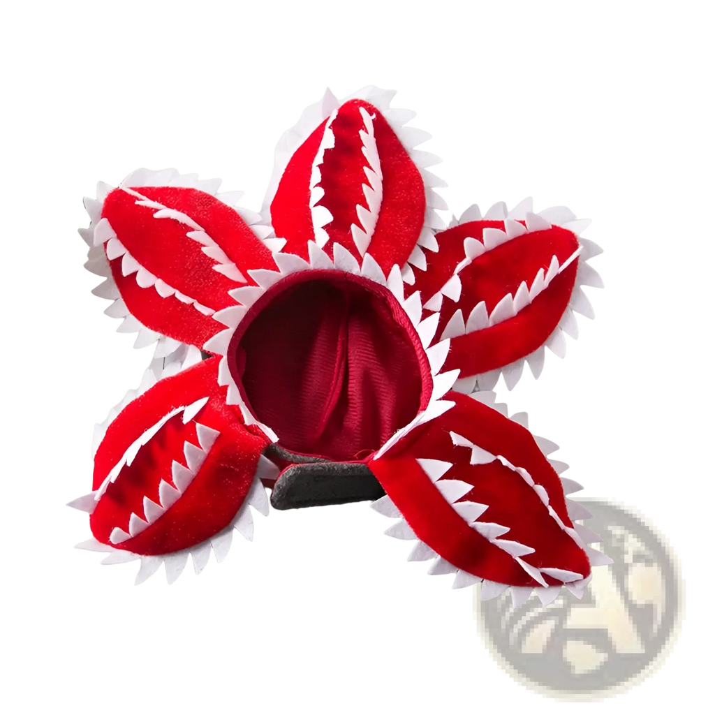 Red velvet flower-shaped plush pet costume with white jagged teeth trim carnivorous flower dog hat