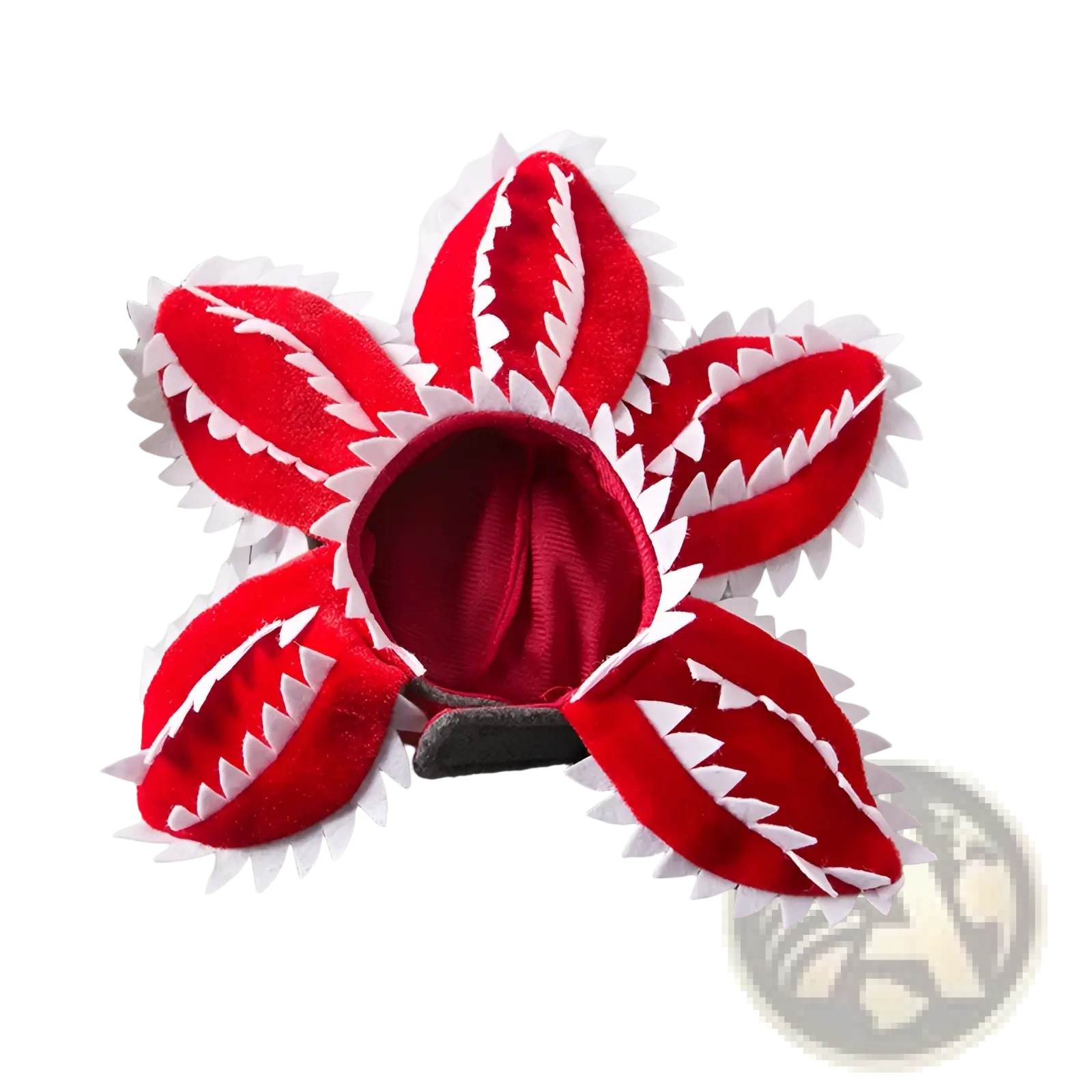 Red velvet flower-shaped plush pet costume with white jagged teeth trim carnivorous flower dog hat